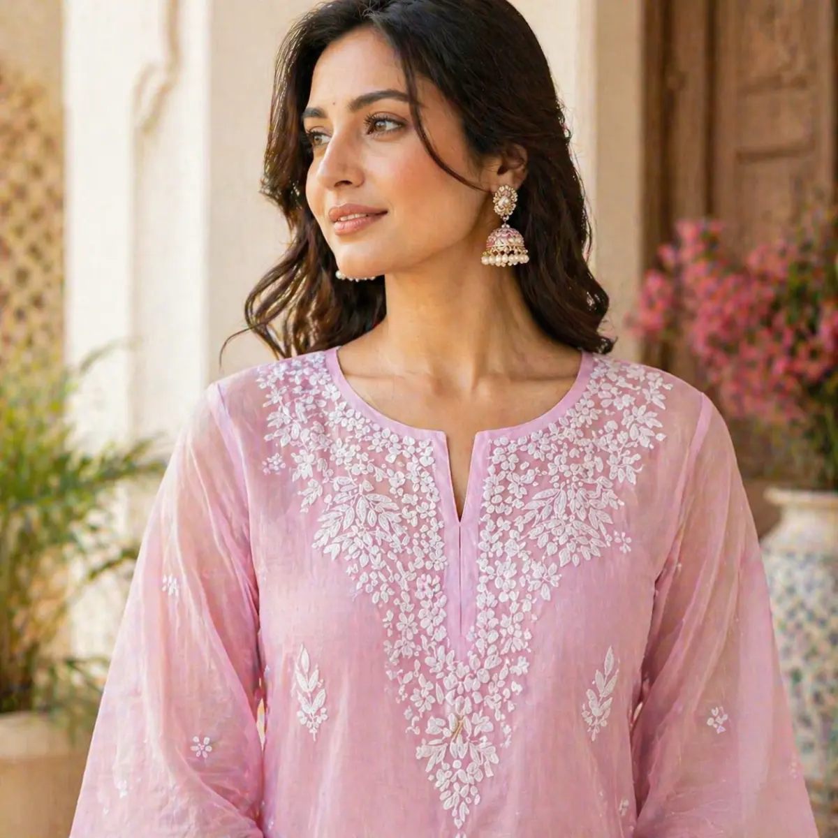 chikan kurti lucknowi organza fabric