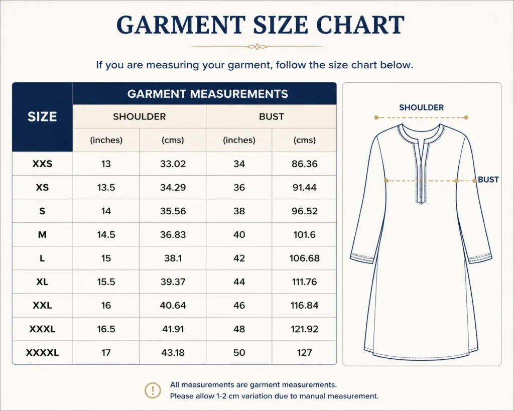 chikan kurti top size chart