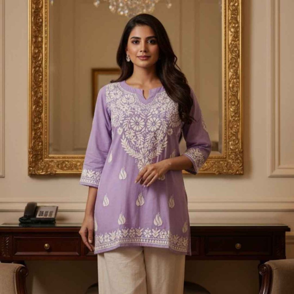 lavander color short kurti chikan lucknow